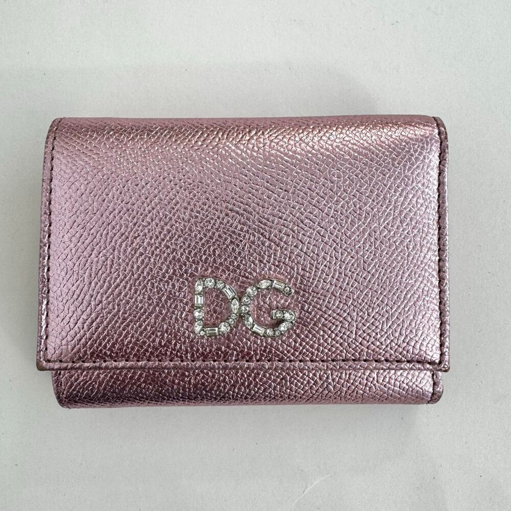 Dolce and Gabbana Trifold Metallic Dauphine Leather Small Wallet w/ Crystal Logo - Picture 2 of 13